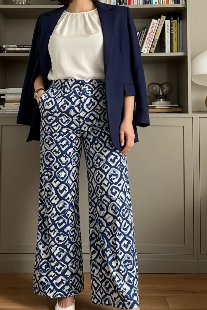 White High-Neck Blouse + Blue and White Geometric Wide-Leg Pants + Navy Blazer