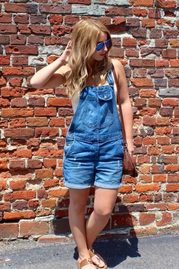 White Lace Camisole + Blue Denim Overall Shorts + Tan Strappy Sandals