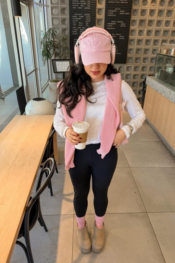 White Long Sleeve Tee + Pink Sweater Over Shoulders + Black Leggings + Tan Platform Boots