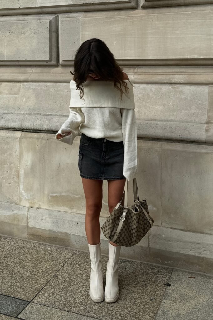 White Off-the-Shoulder Sweater + Black Denim Mini Skirt + White Boots