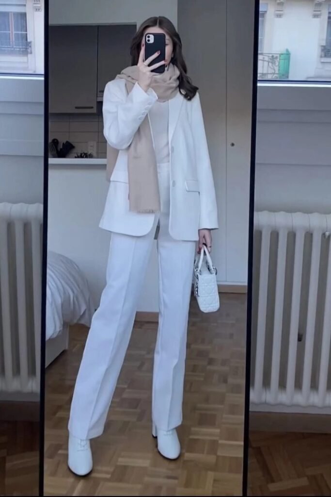 White Oversized Blazer + Beige Scarf + White Straight-Leg Trousers + White Ankle Boots