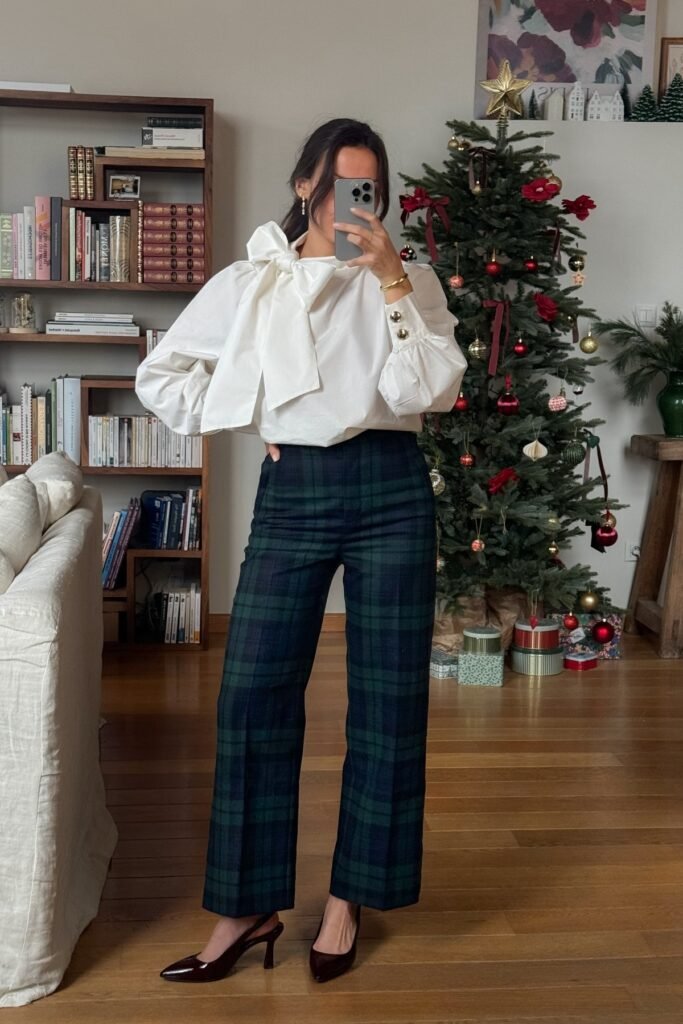 White Oversized Bow Blouse + Green Plaid Wide-Leg Trousers + Burgundy Slingback Heels