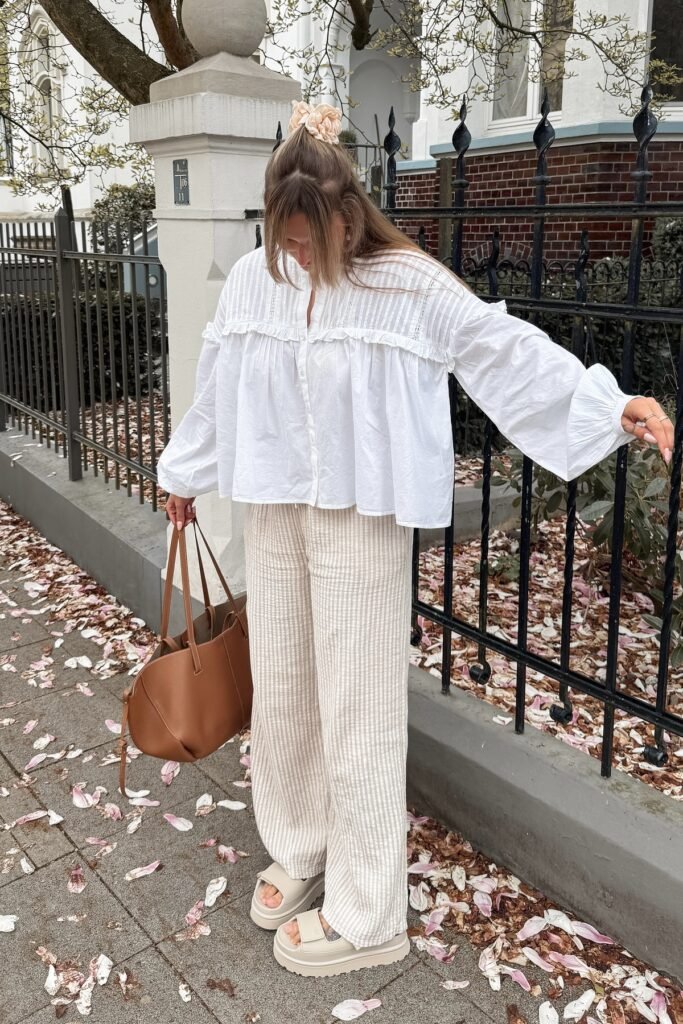 White Pintuck Ruffle Blouse + Striped Linen Trousers + Beige Platform Slides