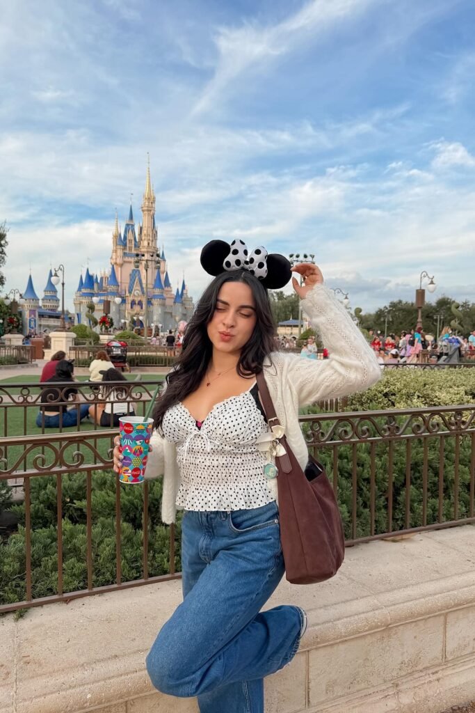 White Polka Dot Bustier Top + Blue Relaxed Jeans + White Cardigan + Mickey Ears