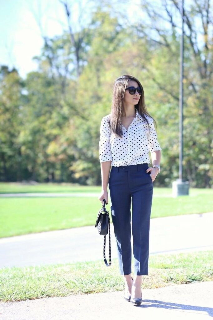 White Polka Dot Button Down Shirt + Navy Cropped Trousers + Black Pointed Heels