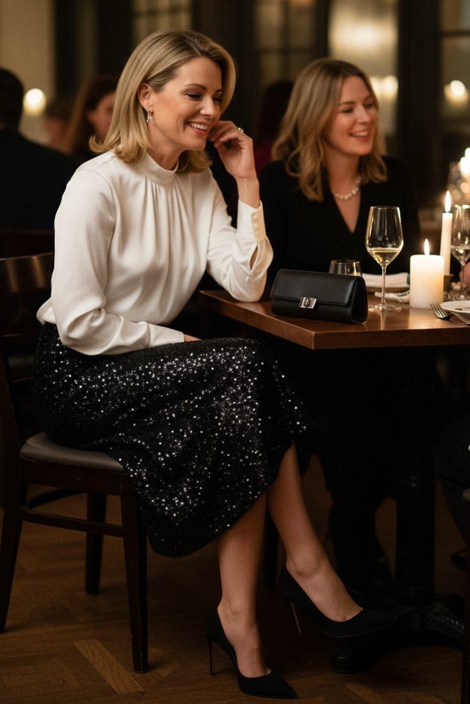 White Satin High Neck Blouse + Black Sequin Midi Skirt + Black Pointed Heels