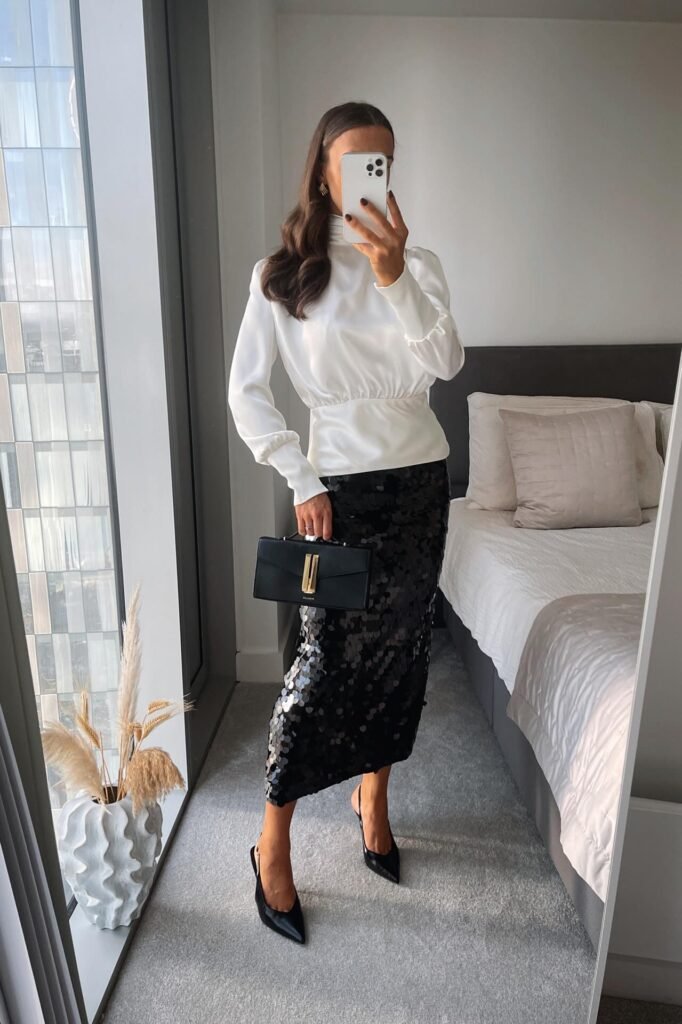 White Satin High-Neck Blouse + Black Sequin Midi Skirt + Black Pointed Heels