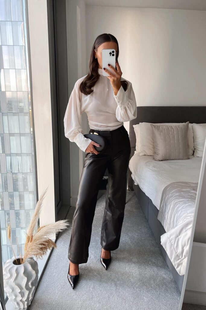 White Sheer High-Neck Blouse + Black Leather Straight Trousers + Black Pointed Heels