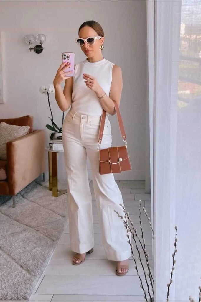 White Sleeveless Turtleneck + Off-White Wide-Leg Jeans + Beige Strappy Sandals