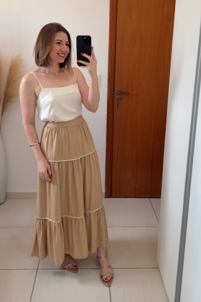 White Spaghetti Strap Cami + Tan Tiered Maxi Skirt + Gold Strappy Sandals