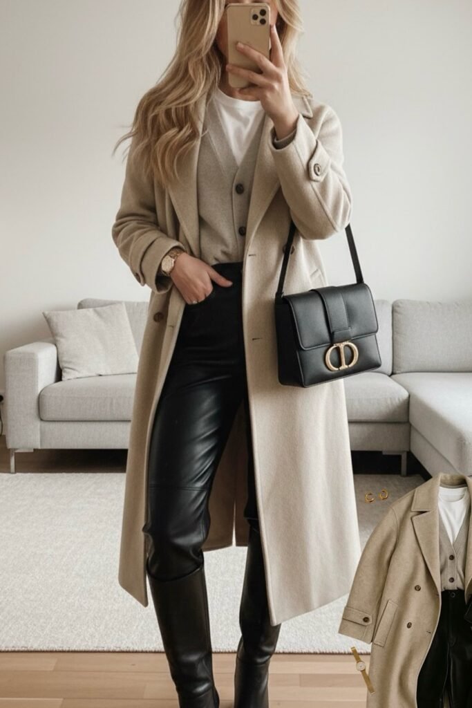 White T-Shirt + Grey Cardigan + Beige Long Coat + Black Leather Trousers + Black Boots