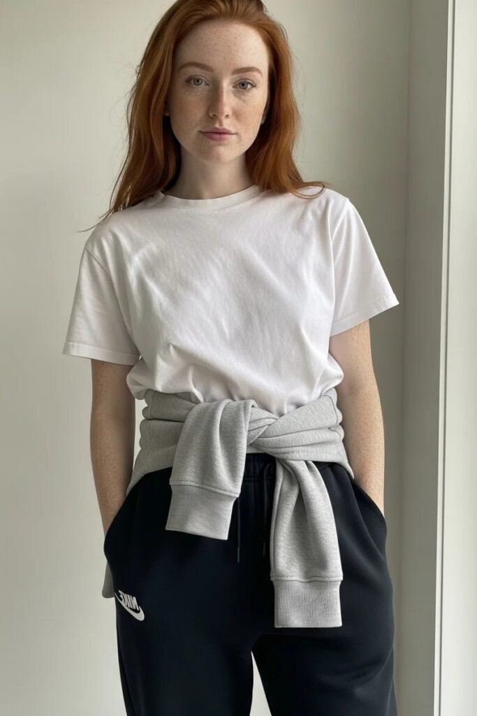 White T-Shirt + Grey Sweatshirt (tied at waist) + Black Joggers