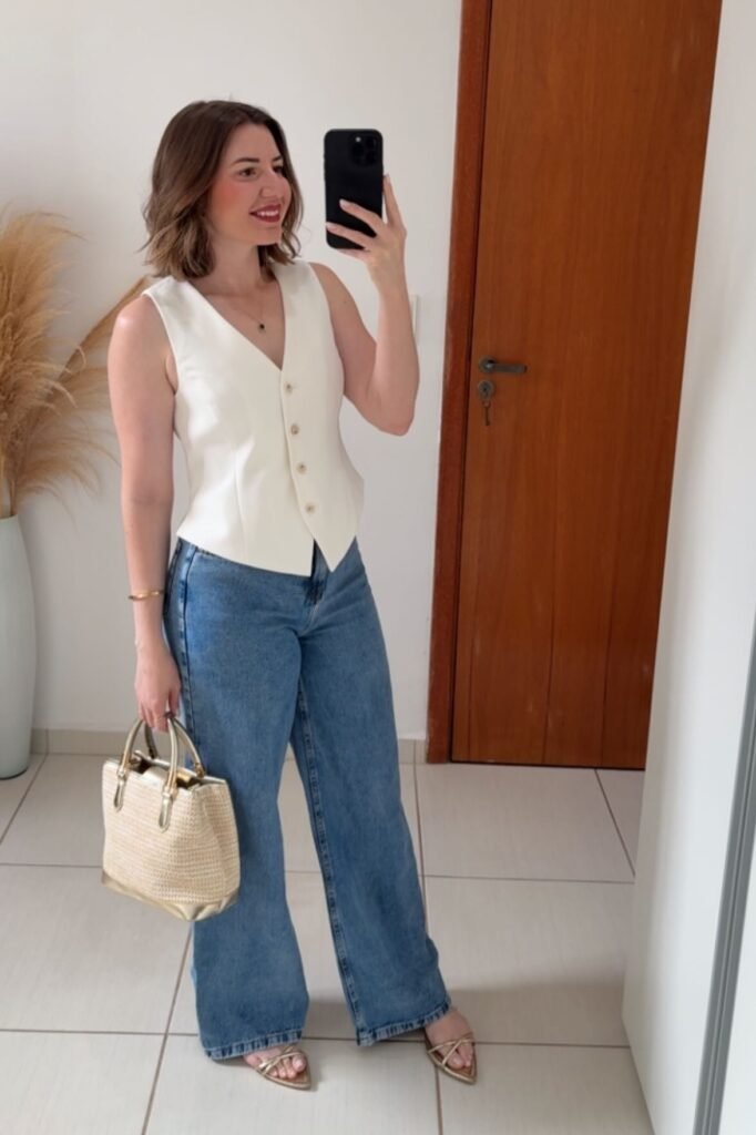 White Tailored Vest + Medium Wash Wide-Leg Jeans + Gold Strappy Sandals