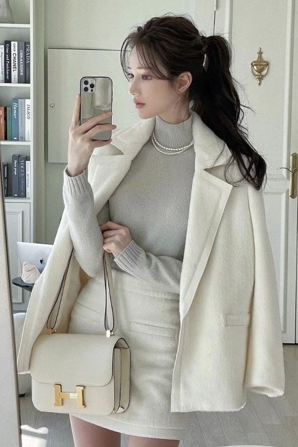 White Textured Coat + Grey Turtleneck + Cream Mini Skirt + Cream Handbag