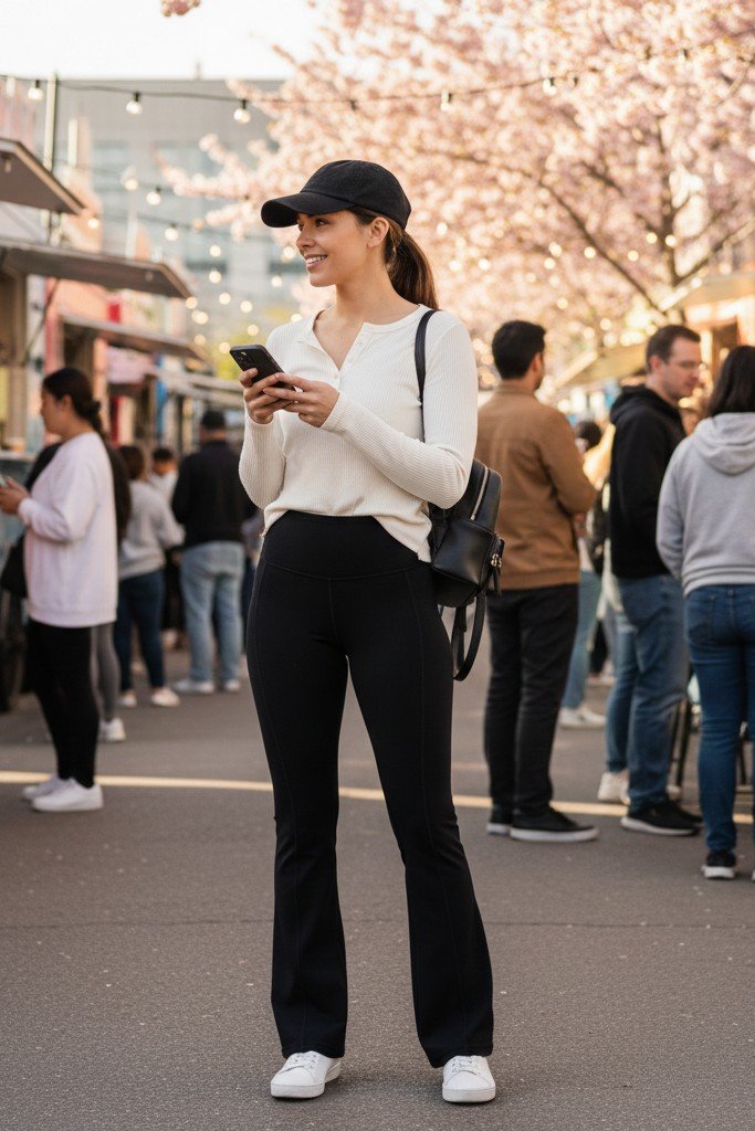 White Top + Black Flared Leggings + White Sneakers