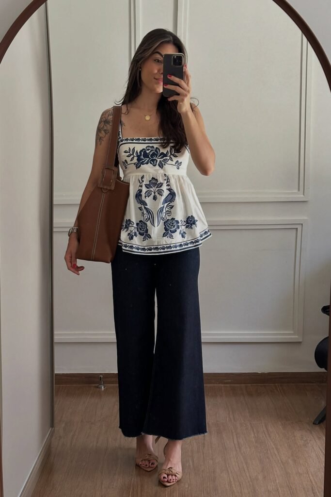 White and Blue Embroidered Peplum Top + Navy Wide-Leg Trousers + Tan Knotted Sandals