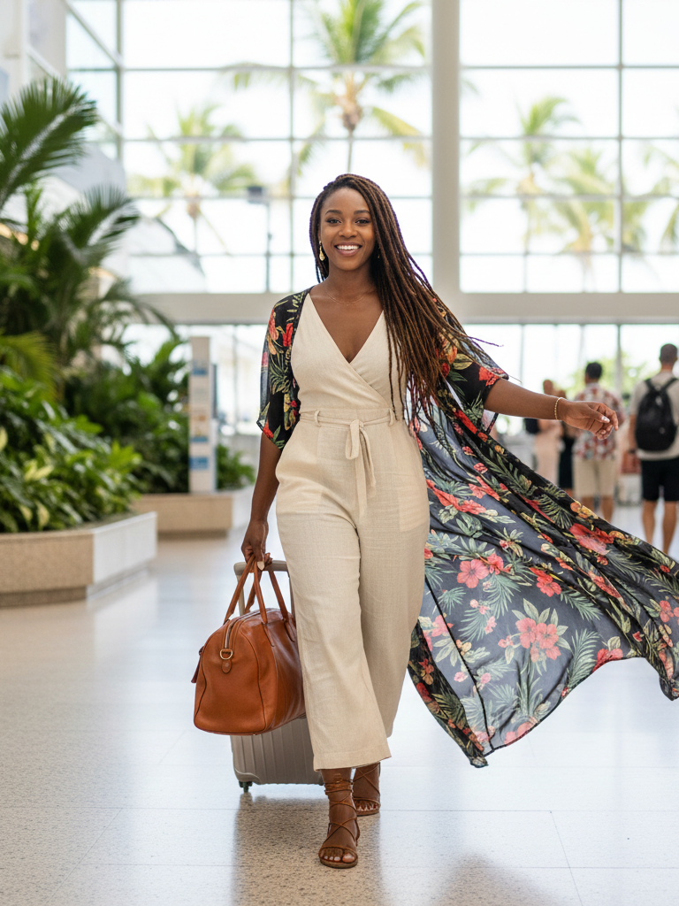 Wide-Leg Jumpsuit + Sandals + Lightweight Duster