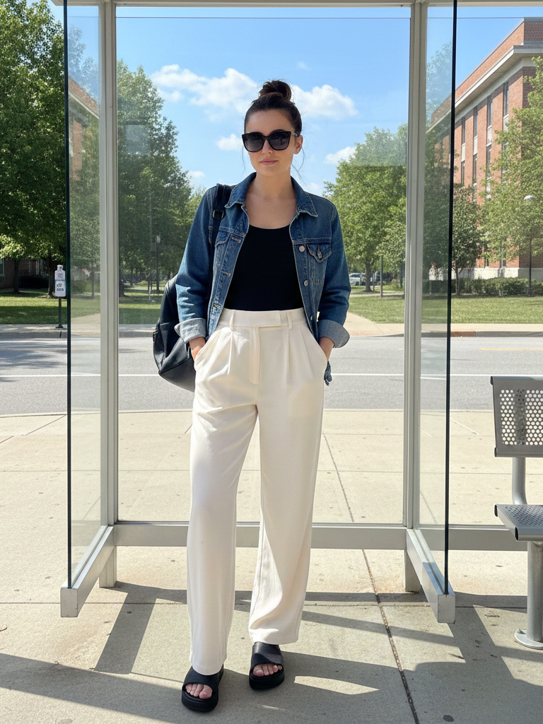 Wide-Leg Trousers + Simple Top + Denim Jacket