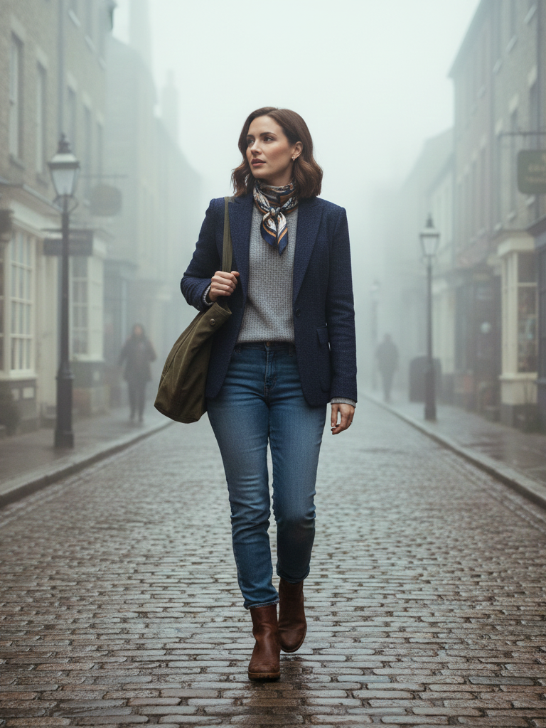 Wool Blazer + Thermal Top + Jeans + Waterproof Boots