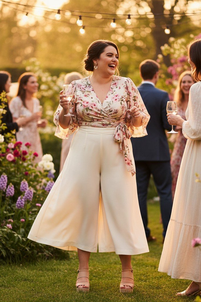 Wrap Top + Wide Leg Culottes + Platform Sandals