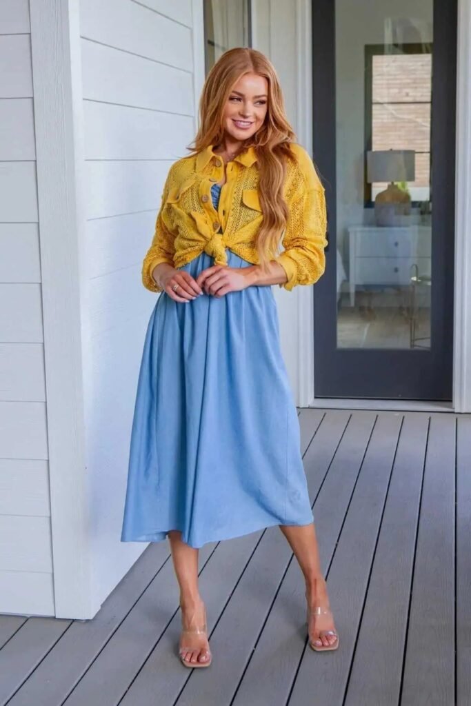Yellow Eyelet Button Down Shirt + Light Blue Midi Dress + Clear Heeled Sandals