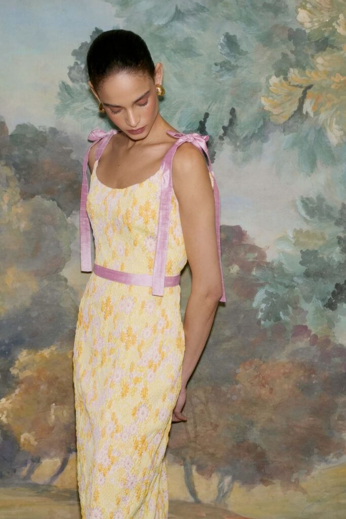 Yellow Floral Lace Dress + Pink Velvet Bow Straps + Pink Velvet Waistband