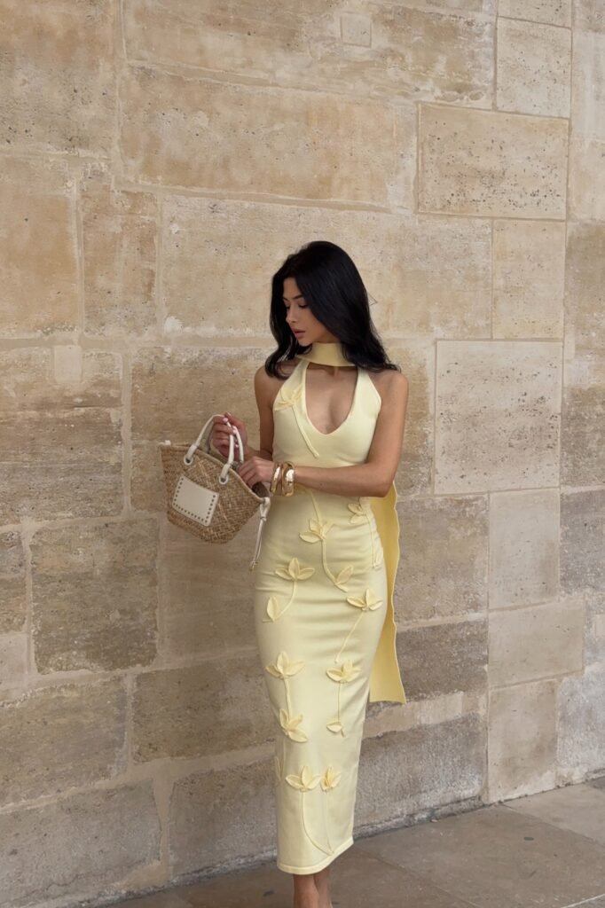 Yellow Halter Neck Midi Dress with Floral Appliqué + Straw Mini Tote + Gold Bangles