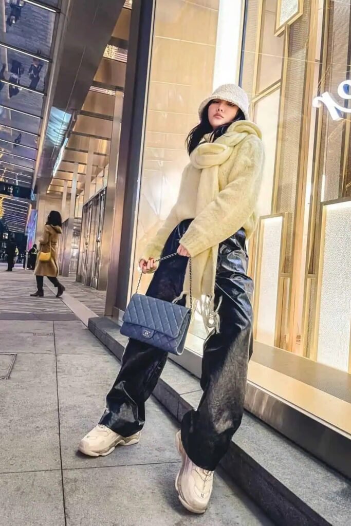 Yellow Oversized Sweater & Scarf + Black Patent Leather Trousers + Chunky Beige Sneakers