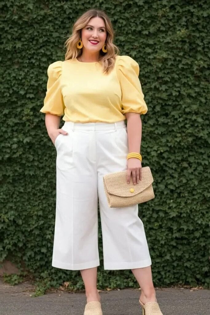 Yellow Puff-Sleeve Top + White Cropped Wide-Leg Pants + Beige Woven Mules