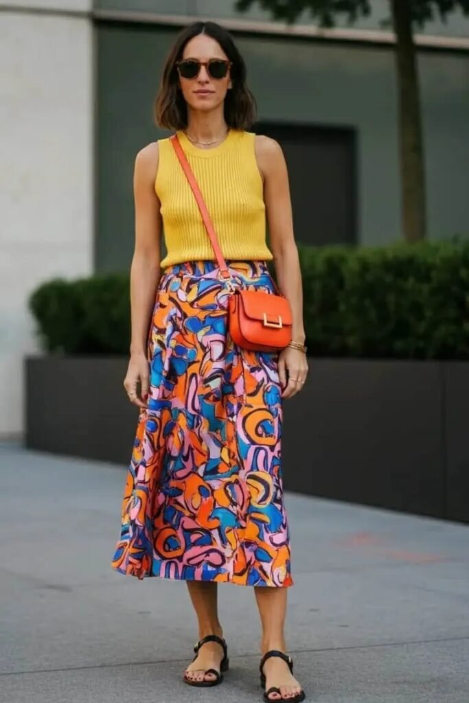 Yellow Ribbed Sleeveless Top + Abstract Colorful Print Skirt + Black Strappy Sandals
