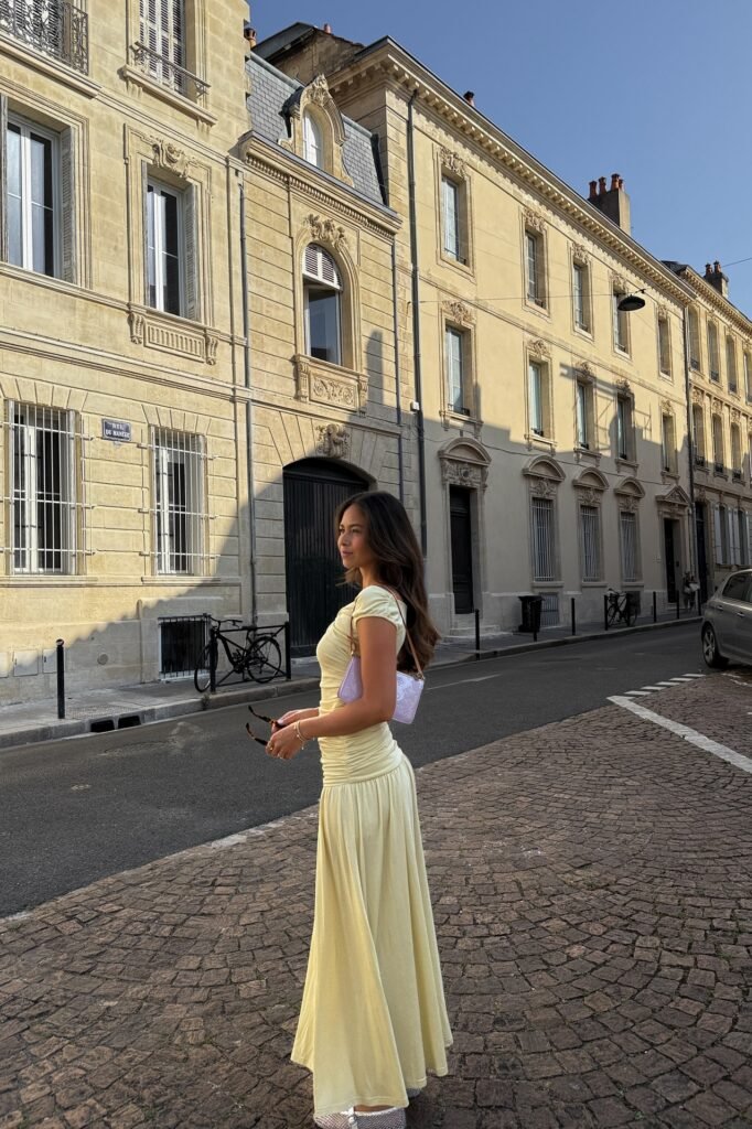 Yellow Short-Sleeve Ruched Maxi Dress + Lavender Shoulder Bag + Silver Mesh Flats