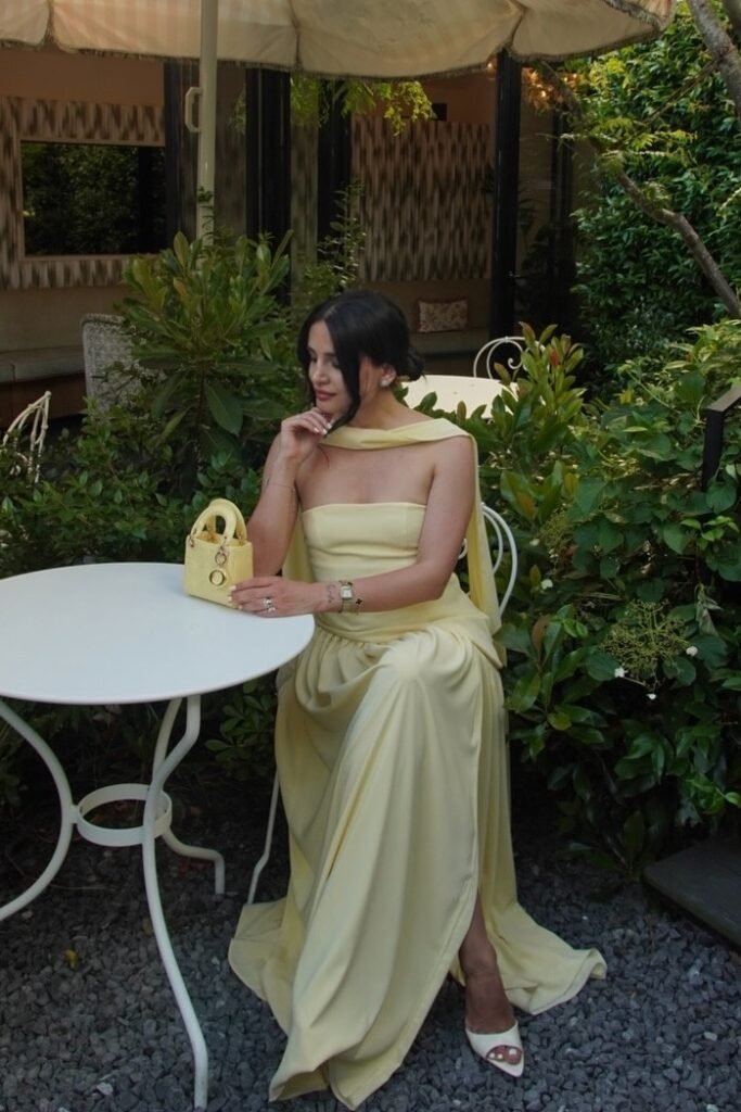 Yellow Strapless Floor-Length Dress + Yellow Scarf + Micro Yellow Handbag