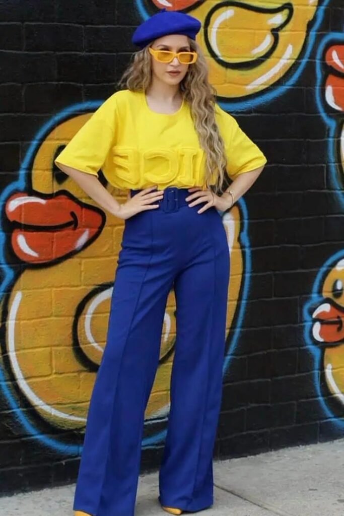 Yellow T-Shirt + Royal Blue Wide-Leg Trousers + Blue Beret