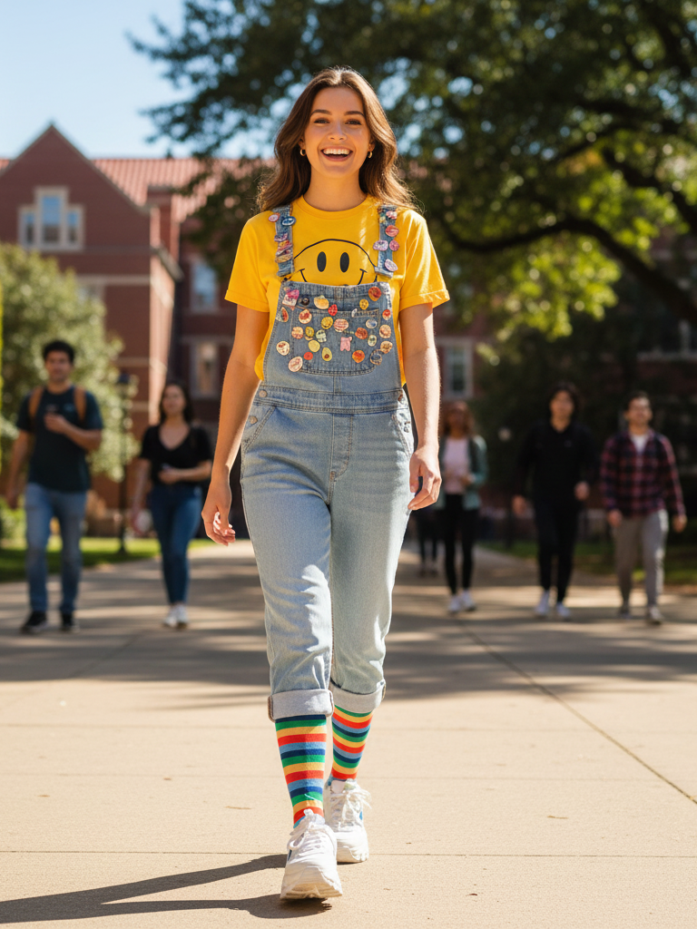 overalls + Graphic Tee + Colorful Accessories