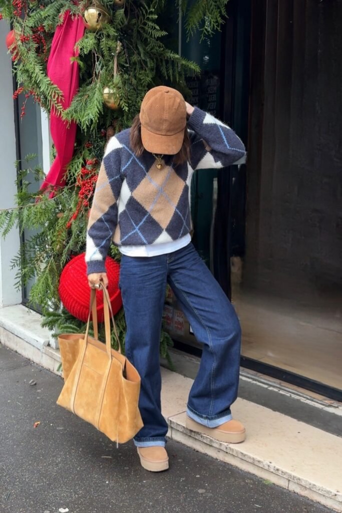 Argyle Knit Sweater + White Under-shirt + Dark Wash Wide-Leg Jeans + Tan Platform Boots