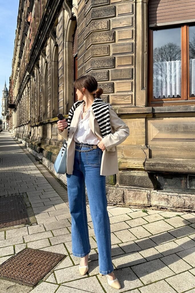 Beige Blazer + White Ruffled Blouse + Dark Blue High Waisted Jeans