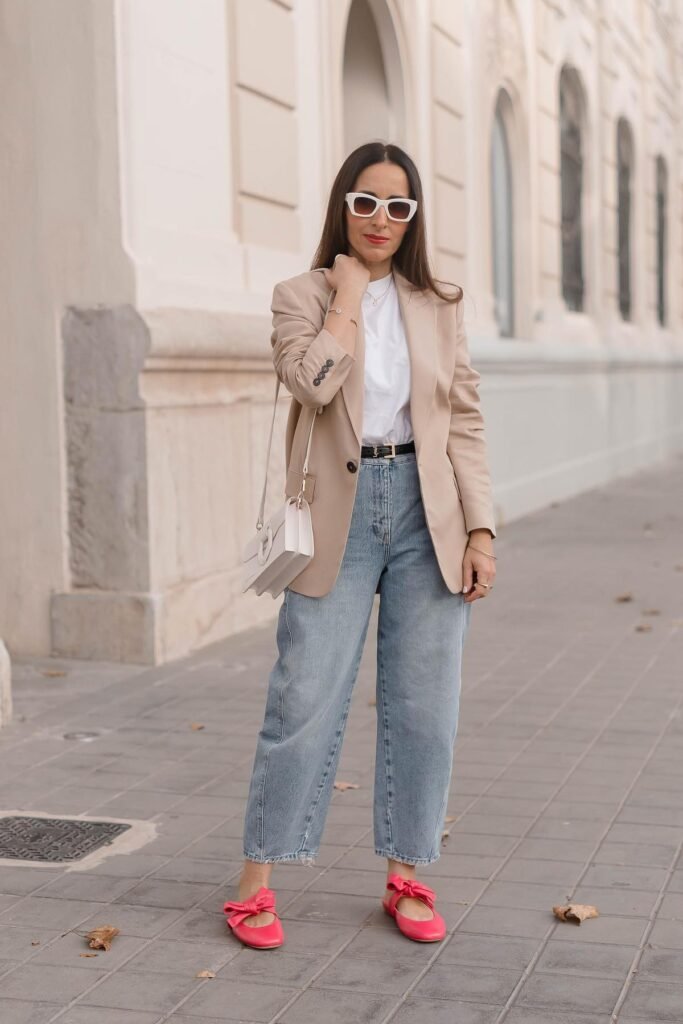 Beige Blazer + White T Shirt + Light Wash Baggy Jeans + Pink Bow Flats