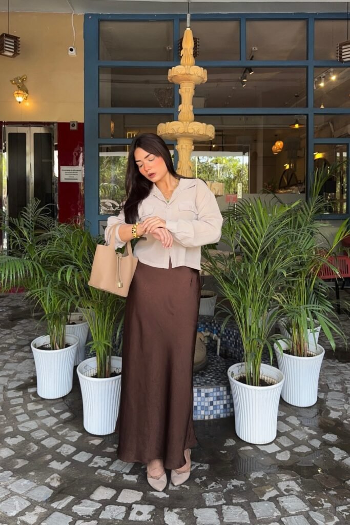 Beige Button Up Shirt + Dark Brown Satin Maxi Skirt + Nude Flats
