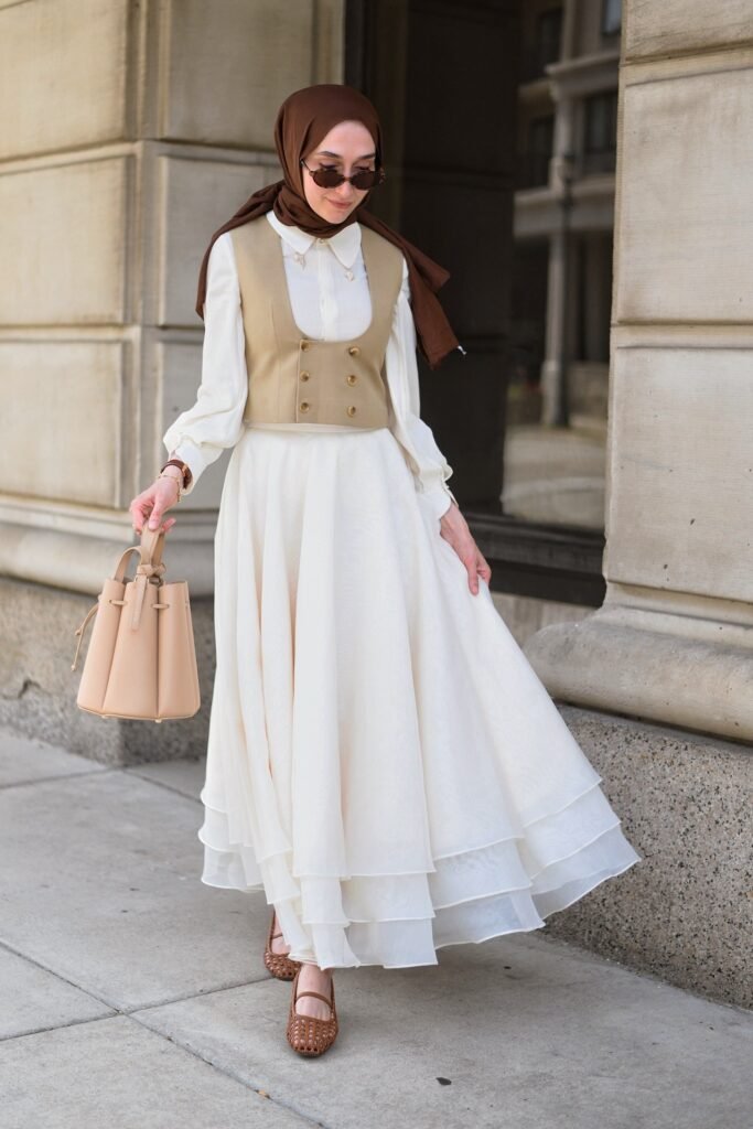 Beige Buttoned Vest + White Layered Maxi Skirt + Brown Hijab + Brown Woven Flats