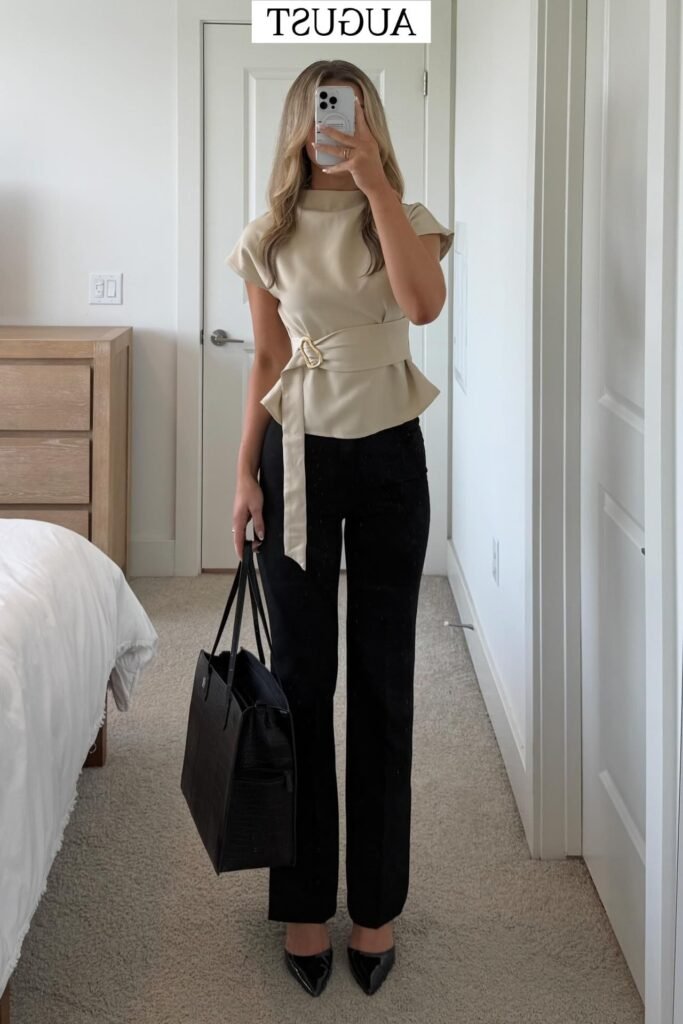 Beige Cap-Sleeve Belted Peplum Top + Black Straight-Leg Trousers + Black Pointed-Toe Heels