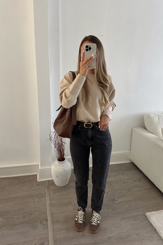 Beige Crew Neck Sweater + Faded Black Straight-Leg Jeans + Brown Gum-Sole Sneakers
