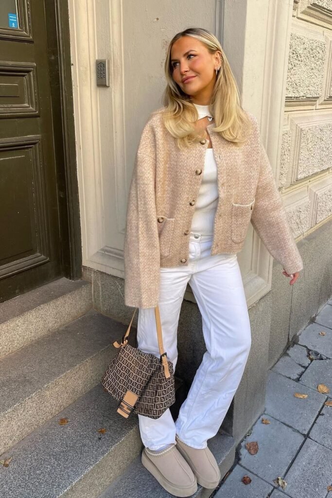 Pink Knit Cardigan + White Corset Top + Light Wash Wide Leg Jeans + Tan Platform Ugg Style Boots