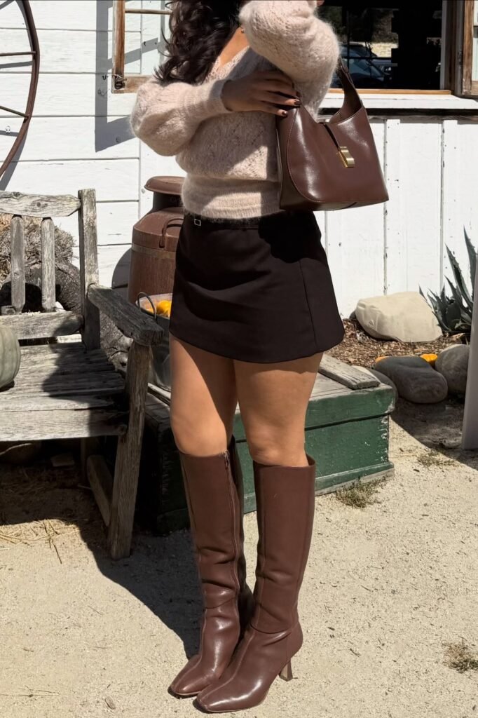 Beige Knit Sweater + Black Mini Skirt + Brown Knee-High Boots