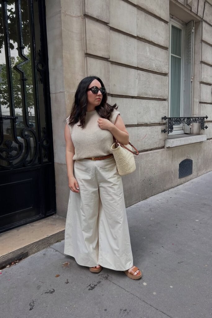 Beige Knitted Vest + Cream Wide Leg Trousers + Tan Platform Sandals