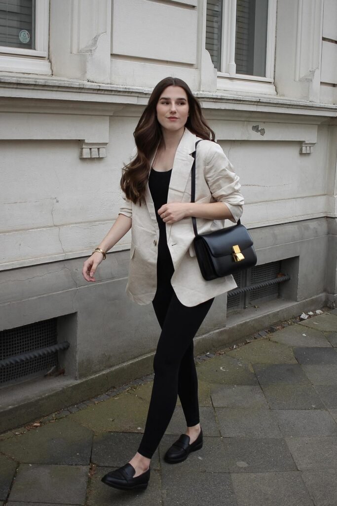 Beige Linen Blazer + Black Bodysuit & Leggings + Black Leather Loafers