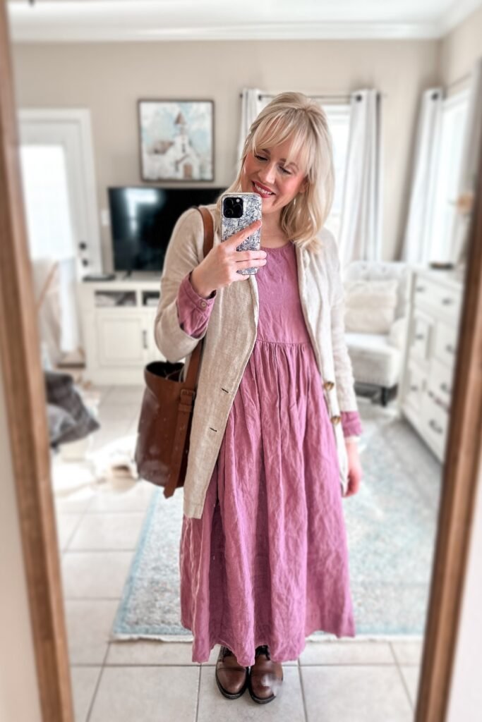 Beige Linen Blazer + Dusty Rose Tiered Midi Dress + Brown Leather Lace Up Boots