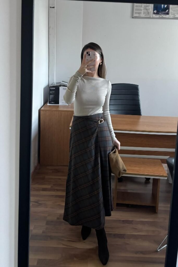 Beige Long-Sleeve Fitted Top + Plaid A-Line Maxi Skirt + Black Pointed-Toe Boots