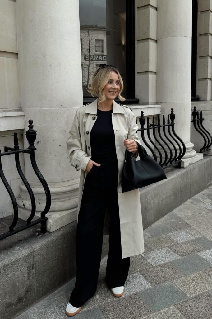 Beige Long Trench Coat + Black Crewneck Top + Black Wide-Leg Trousers + White Gum-Sole Sneakers