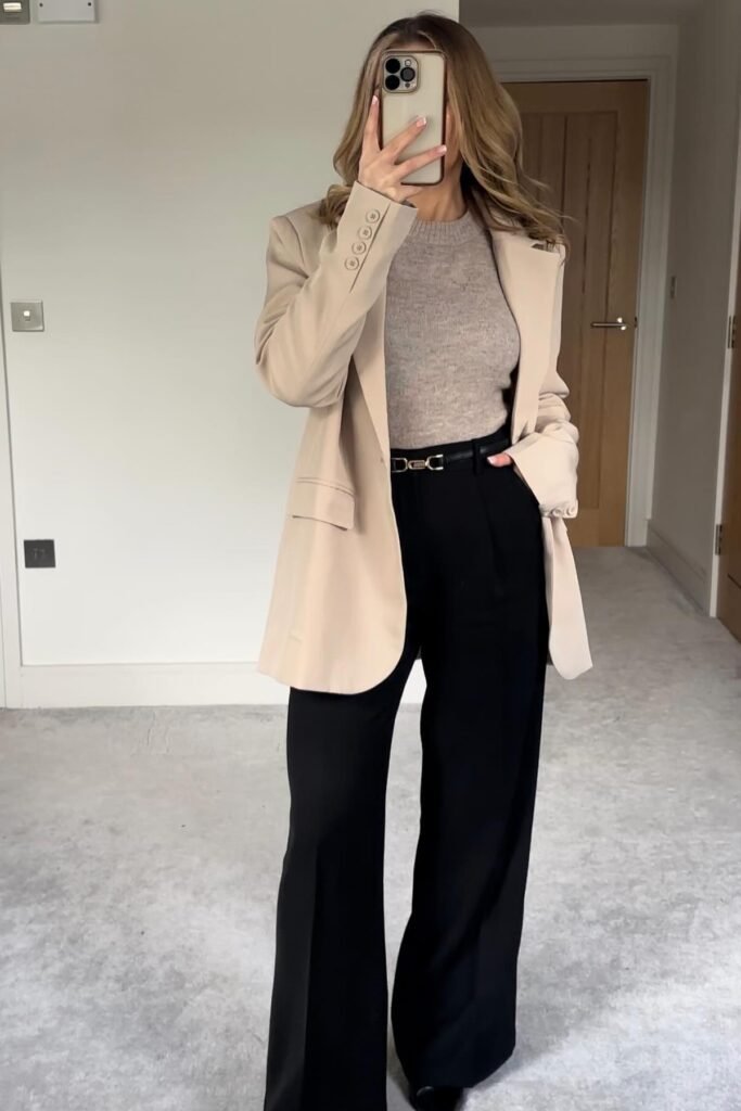 Beige Open Blazer + Taupe Mock-Neck Sweater + Black High-Waisted Wide-Leg Trousers