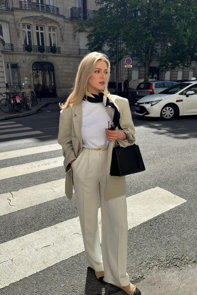 Beige Oversized Blazer + White T Shirt + Off White Pleated Trousers